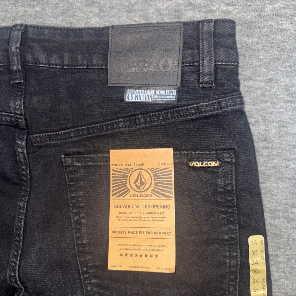Volcom Mens Solver Modern Straight Stretch Denim Black Jeans Dark Wash 34x32 NEW